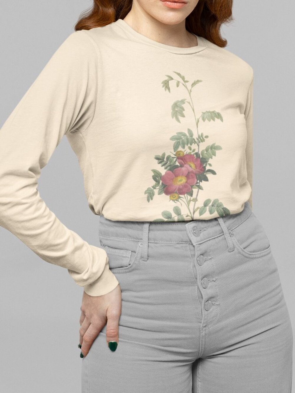 Rose Vintage Floral Print Long Sleeve Graphic Tee T-shirt S-XXL